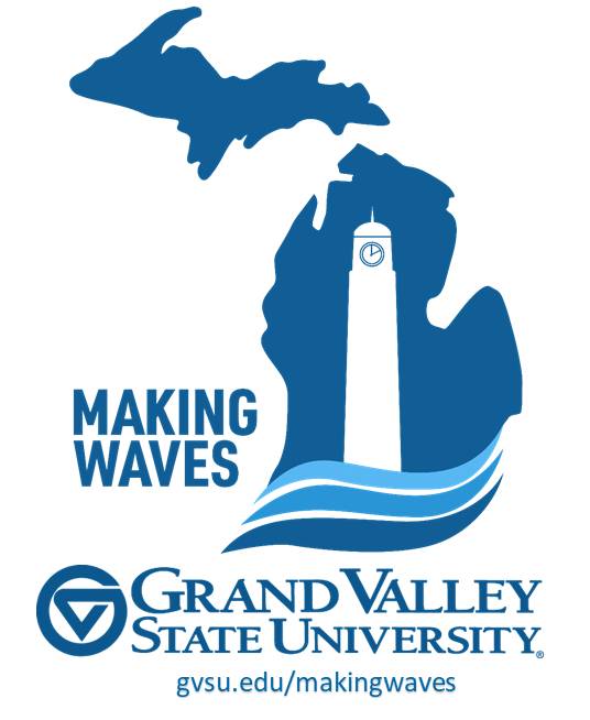 Logo for Grand Valley State University&#8217;s 'Making Waves' initiative. The design features a blue outline of Michigan with a white clock tower centered inside the Lower Peninsula. Beneath the clock tower are stylized blue waves. Text to the left reads 'MAKING WAVES.' Below the Michigan shape, the Grand Valley State University logo and website URL 'gvsu.edu/makingwaves' are displayed.